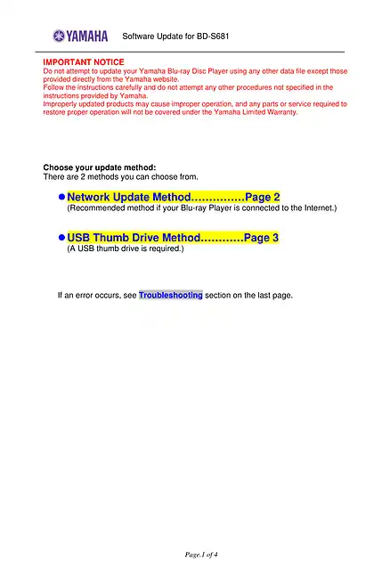 yamaha雅马哈BD-S681 Software Update Installation Manual